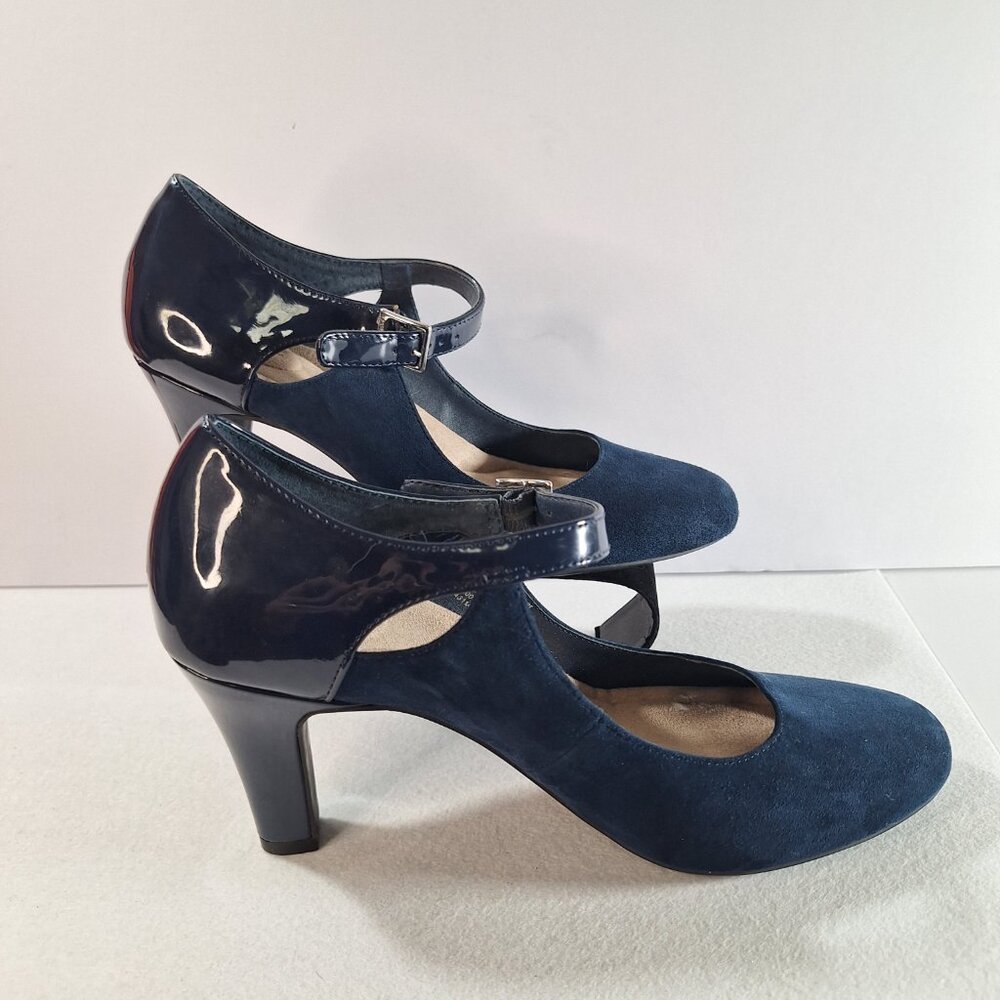 Giani Bernini sz 8.5 Navy Blue Suede & Patent Colorblock Velmah Pumps, 3" Heel - Picture 4 of 14